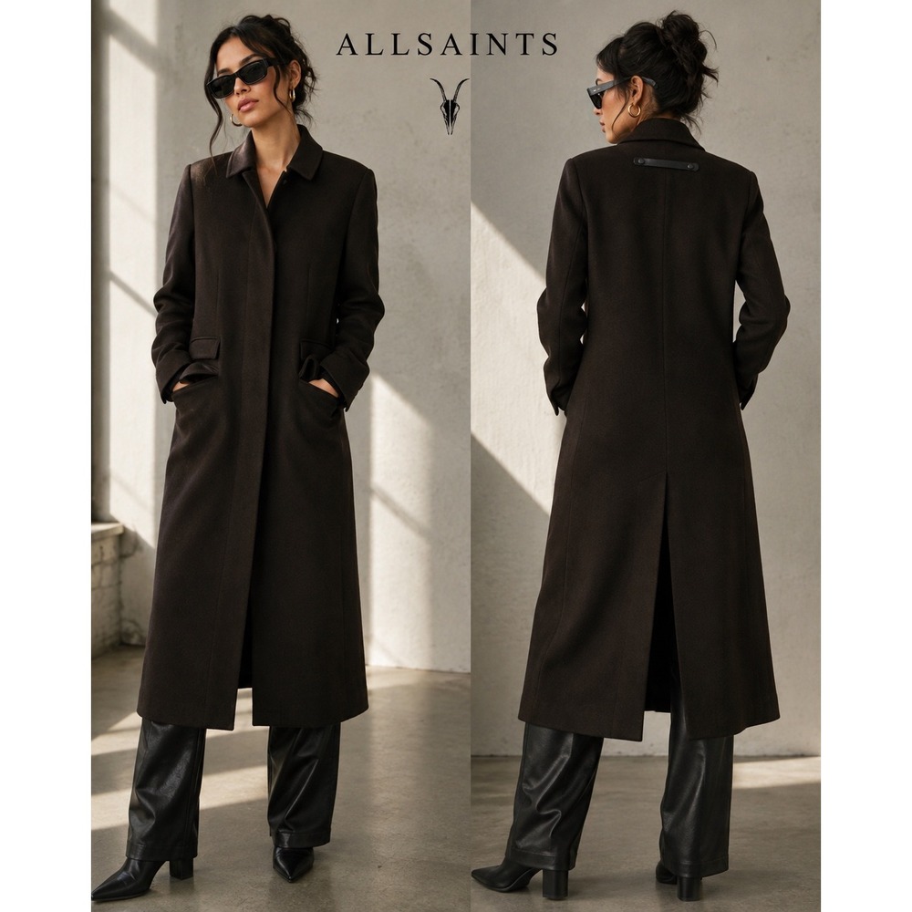 AllSaints Dark Brown Wool Blend Longline Tailored Overcoat Coat
